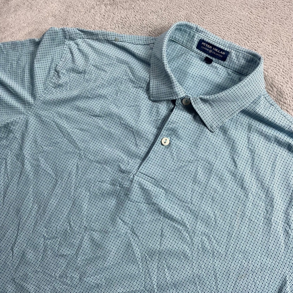 Peter Millar Crown Crafted Mens Medium Blue Geometric Performance Polo Shirt